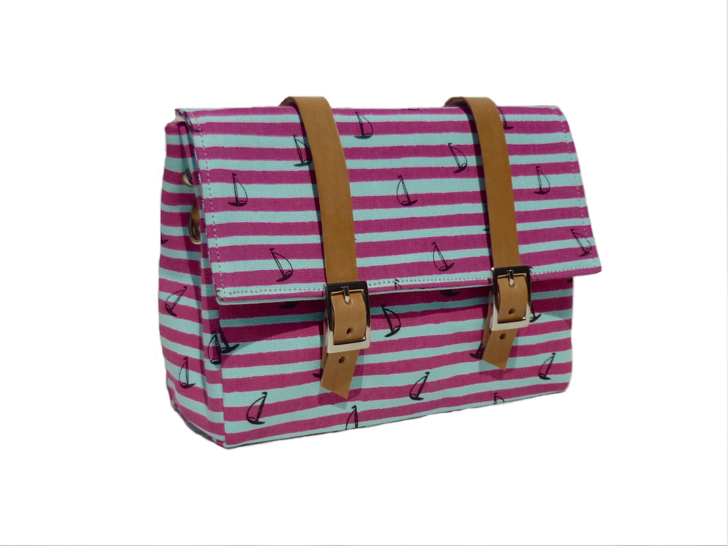 Pink stripes canvas and leather bicycle bag